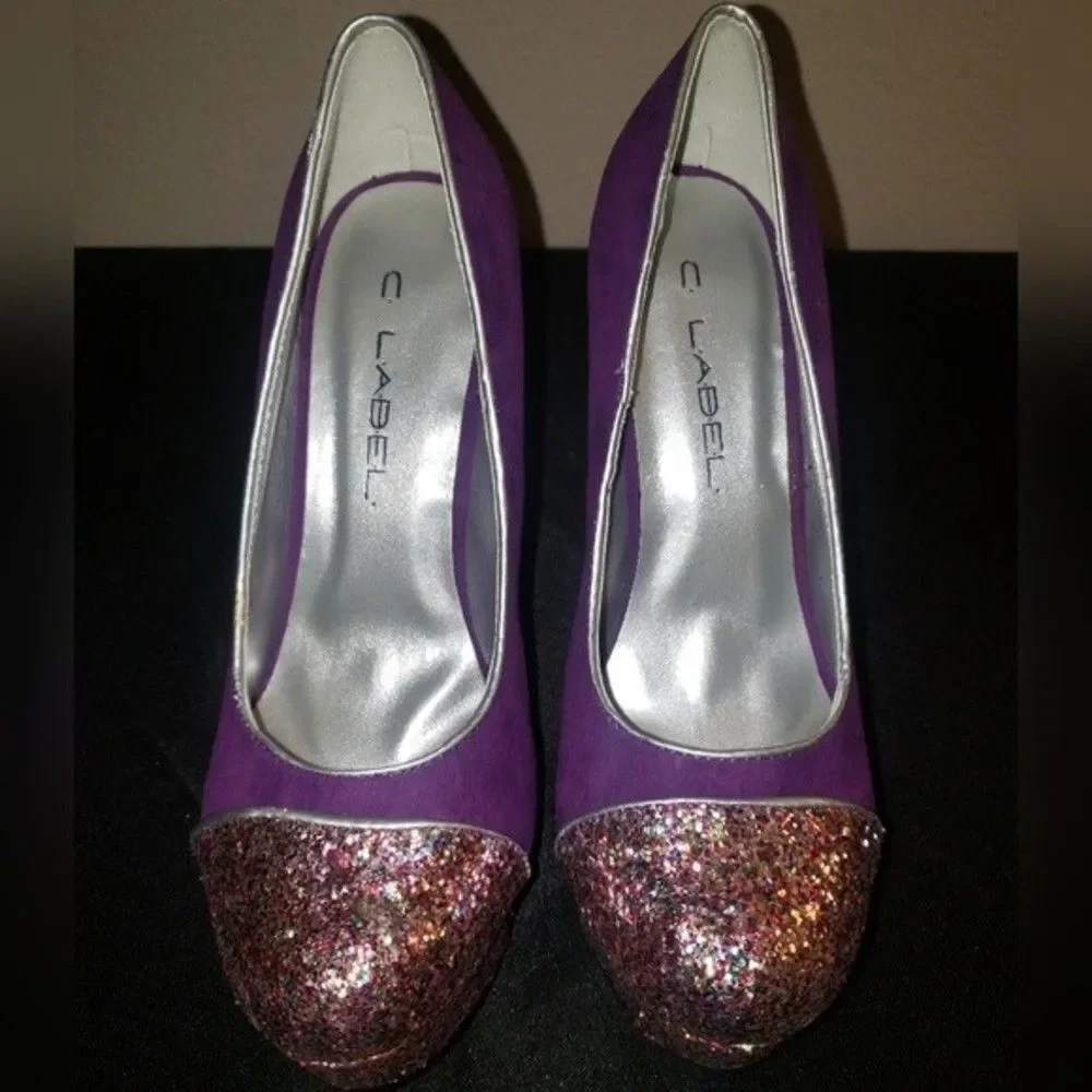 C Label Purple Suede Platform Glitter Heels Size 6.5